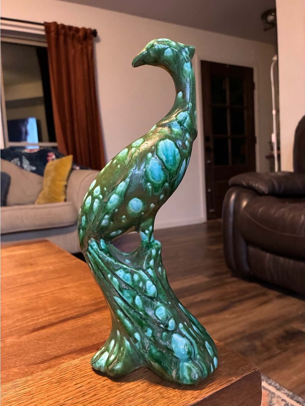 Vintage Green Ceramic Peacock Pair with Turquoise Speckle - Picture 8 of 9
